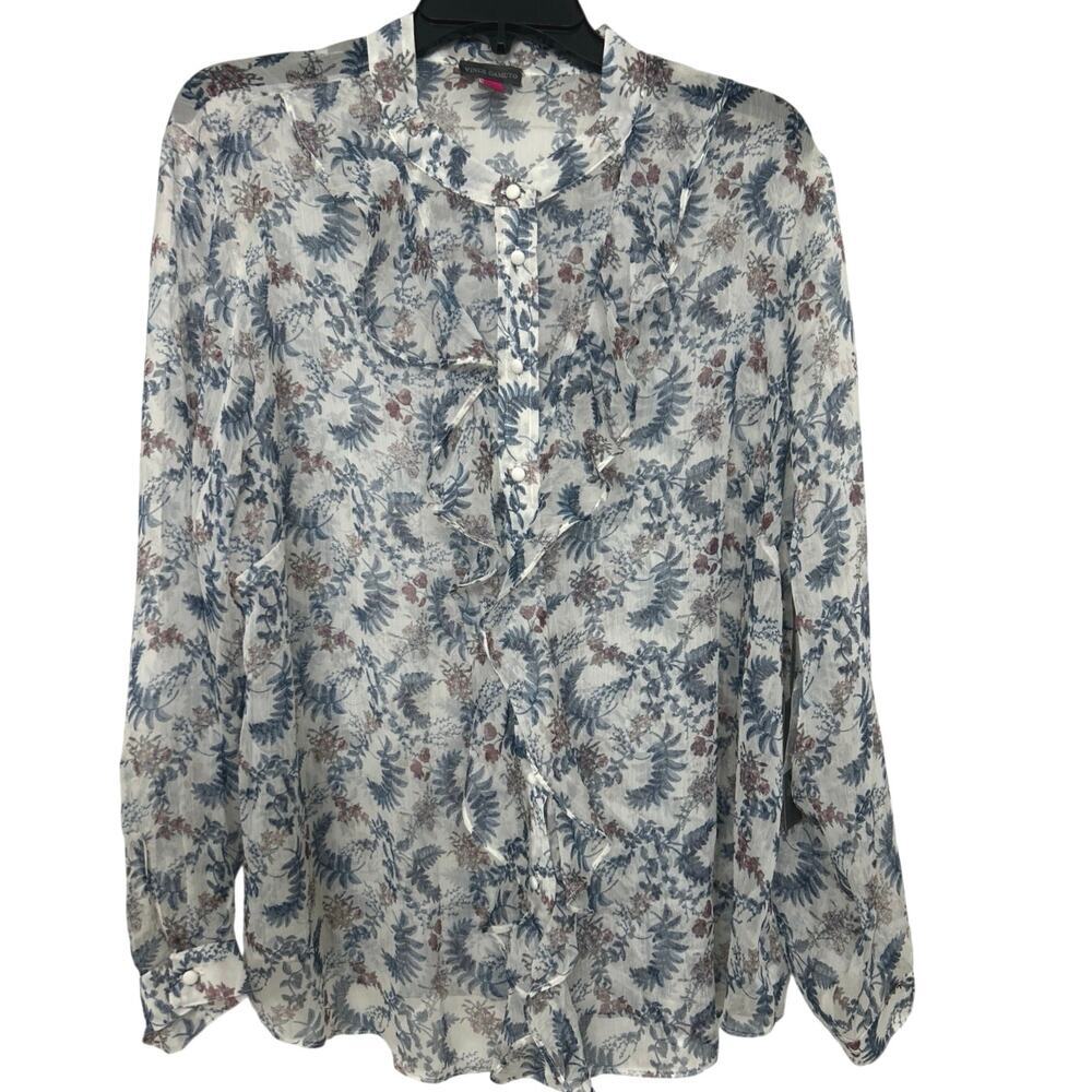 Vince Camuto Sheer Floral Ruffle Blouse 2X Button Down Cottage Whimsical NWT